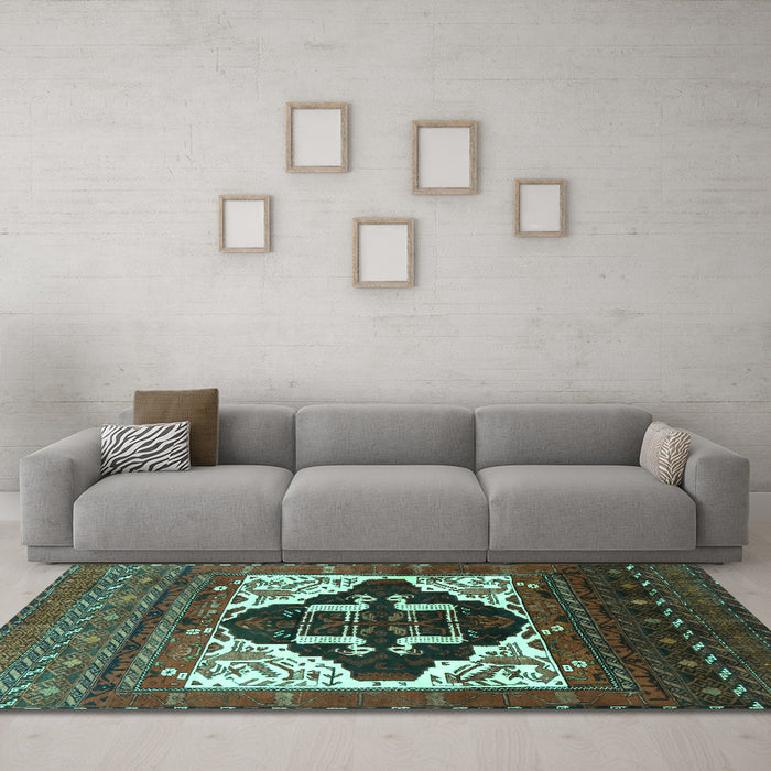 Machine Washable Persian Turquoise Traditional Area Rugs in a Living Room,, wshtr1757turq