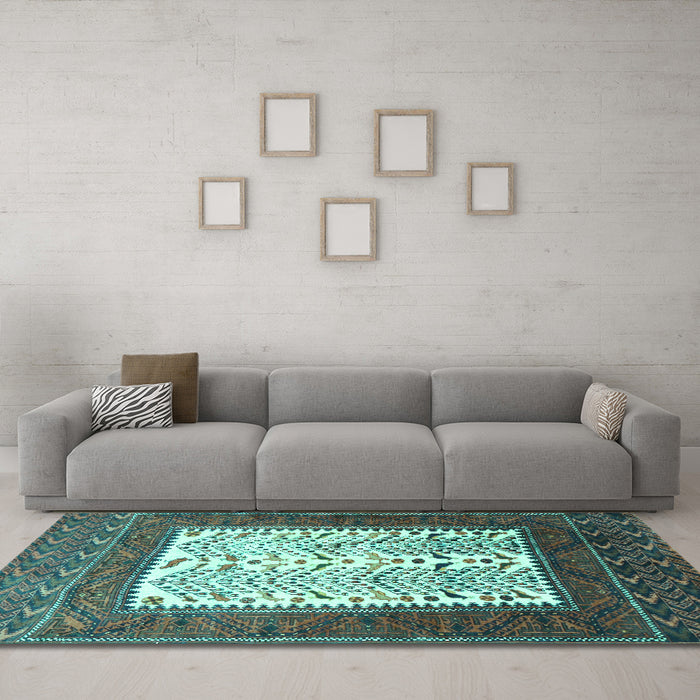 Machine Washable Persian Turquoise Traditional Area Rugs in a Living Room,, wshtr1761turq