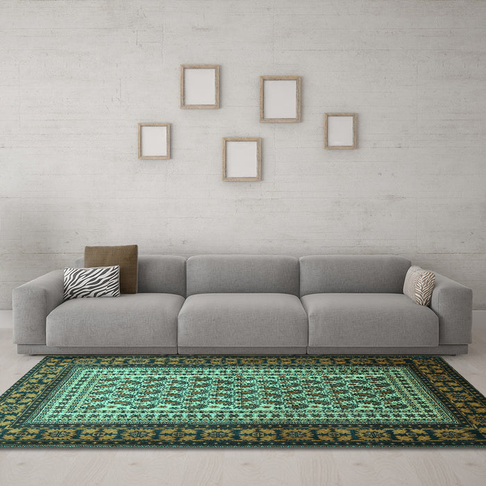 Machine Washable Persian Turquoise Traditional Area Rugs in a Living Room,, wshtr1766turq