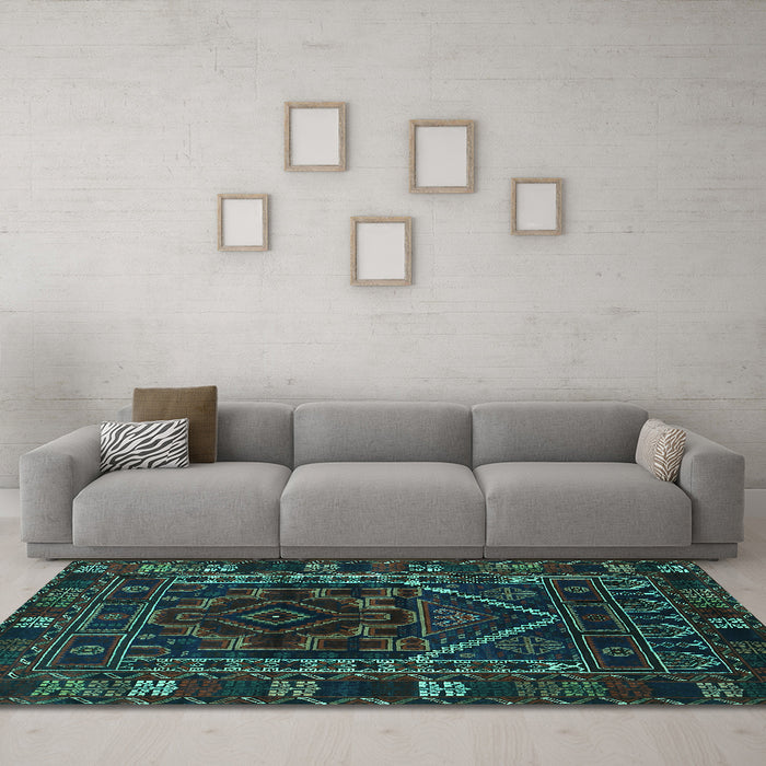 Machine Washable Persian Turquoise Traditional Area Rugs in a Living Room,, wshtr1769turq