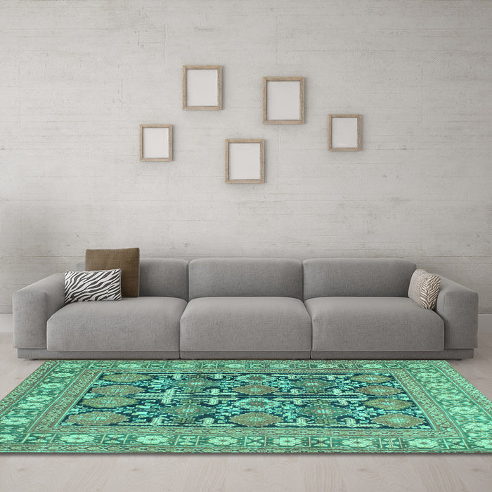Machine Washable Persian Turquoise Traditional Area Rugs in a Living Room,, wshtr176turq