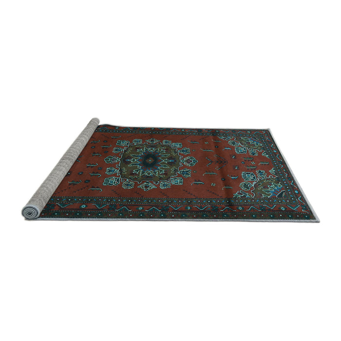 Sideview of Machine Washable Medallion Light Blue Traditional Rug, wshtr1772lblu