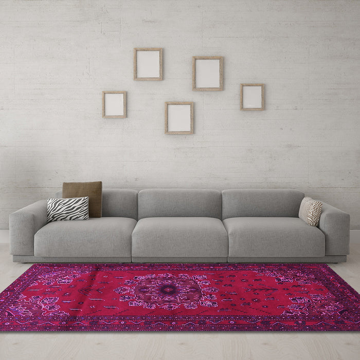 Machine Washable Medallion Pink Traditional Rug in a Living Room, wshtr1772pnk