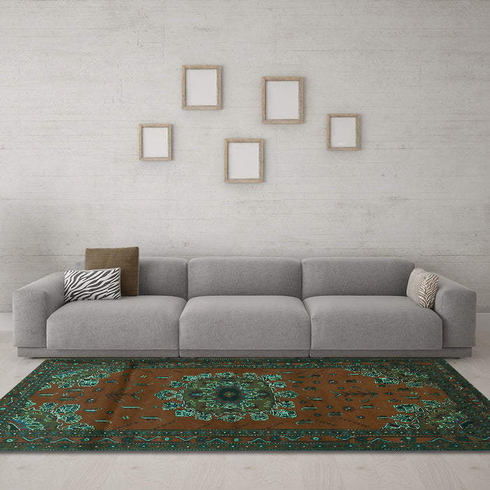 Machine Washable Medallion Turquoise Traditional Area Rugs in a Living Room,, wshtr1772turq