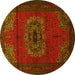 Round Machine Washable Medallion Yellow Traditional Rug, wshtr1772yw