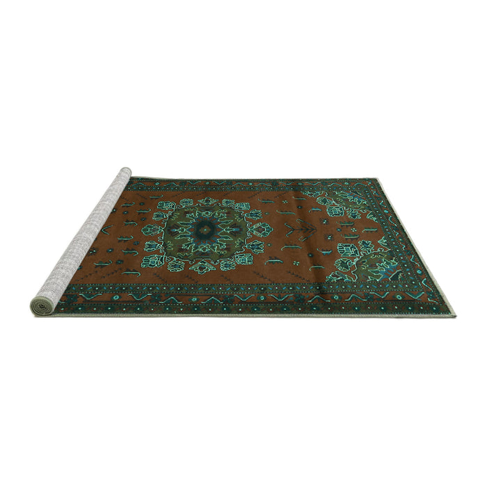 Sideview of Machine Washable Medallion Turquoise Traditional Area Rugs, wshtr1772turq