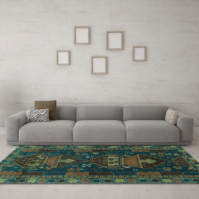 Machine Washable Persian Turquoise Traditional Area Rugs in a Living Room,, wshtr1773turq