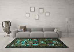 Machine Washable Persian Turquoise Traditional Area Rugs in a Living Room,, wshtr1775turq
