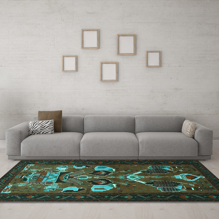 Machine Washable Persian Turquoise Traditional Area Rugs in a Living Room,, wshtr1775turq