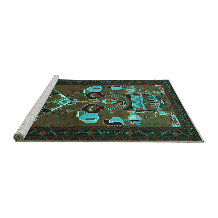 Sideview of Machine Washable Persian Turquoise Traditional Area Rugs, wshtr1775turq