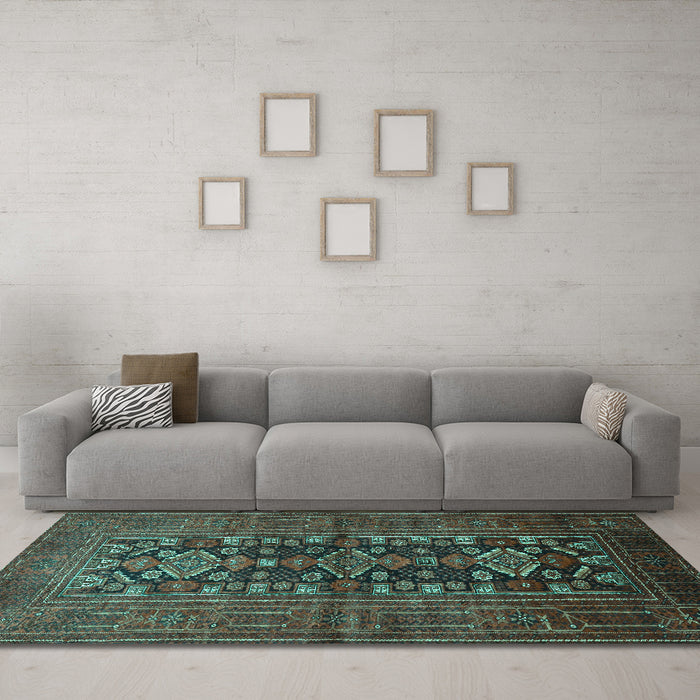 Machine Washable Persian Turquoise Traditional Area Rugs in a Living Room,, wshtr1778turq