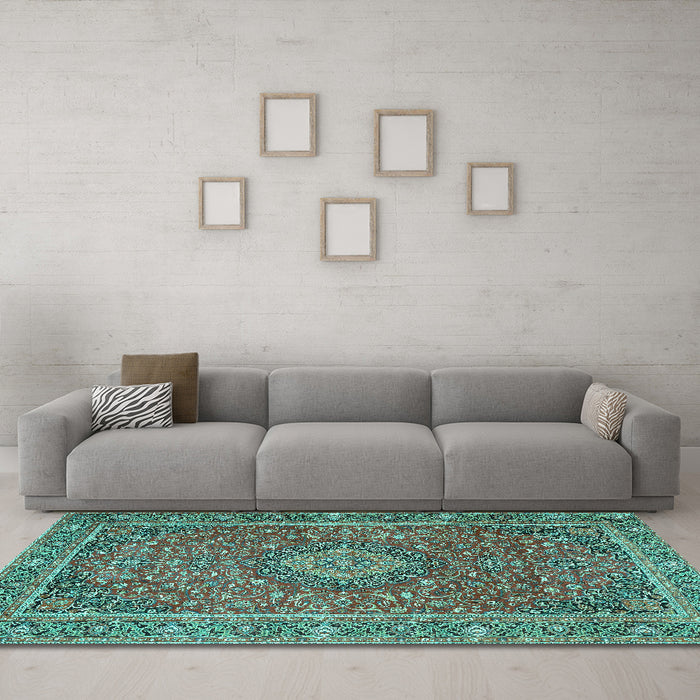Machine Washable Persian Turquoise Traditional Area Rugs in a Living Room,, wshtr1779turq