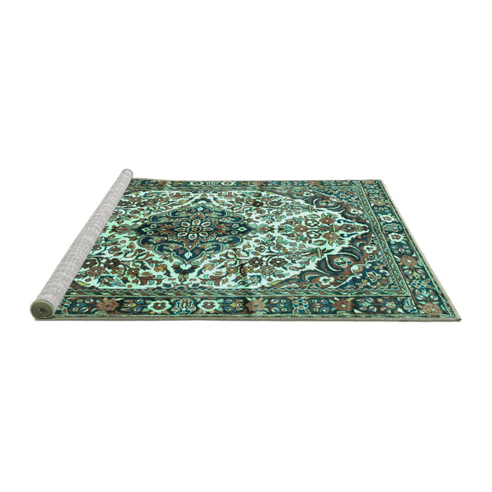 Sideview of Machine Washable Persian Turquoise Traditional Area Rugs, wshtr177turq