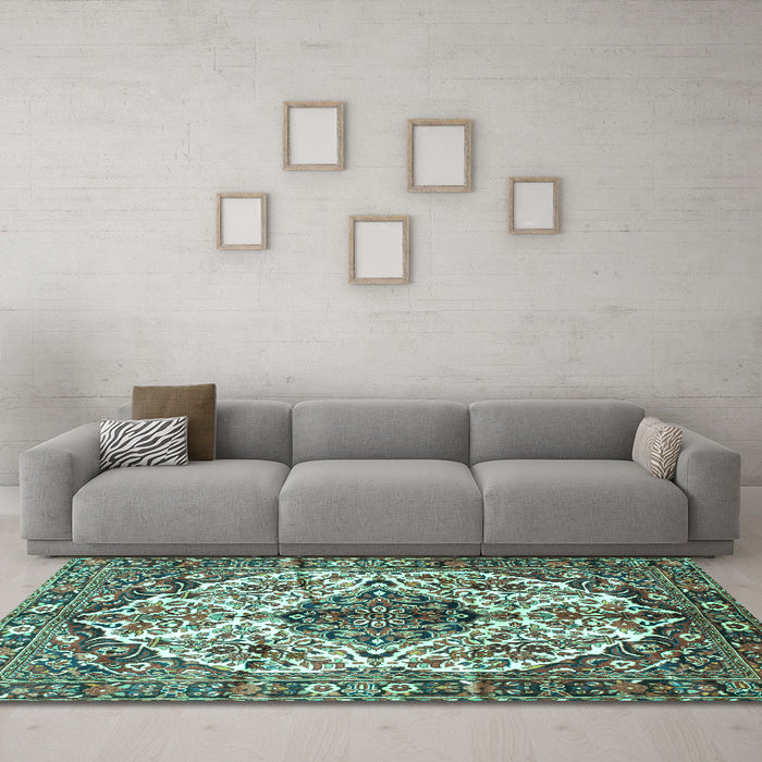 Machine Washable Persian Turquoise Traditional Area Rugs in a Living Room,, wshtr177turq
