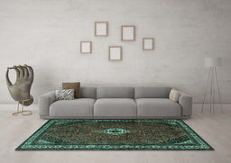 Machine Washable Persian Turquoise Traditional Area Rugs in a Living Room,, wshtr1780turq