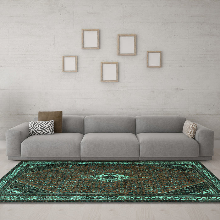 Machine Washable Persian Turquoise Traditional Area Rugs in a Living Room,, wshtr1780turq