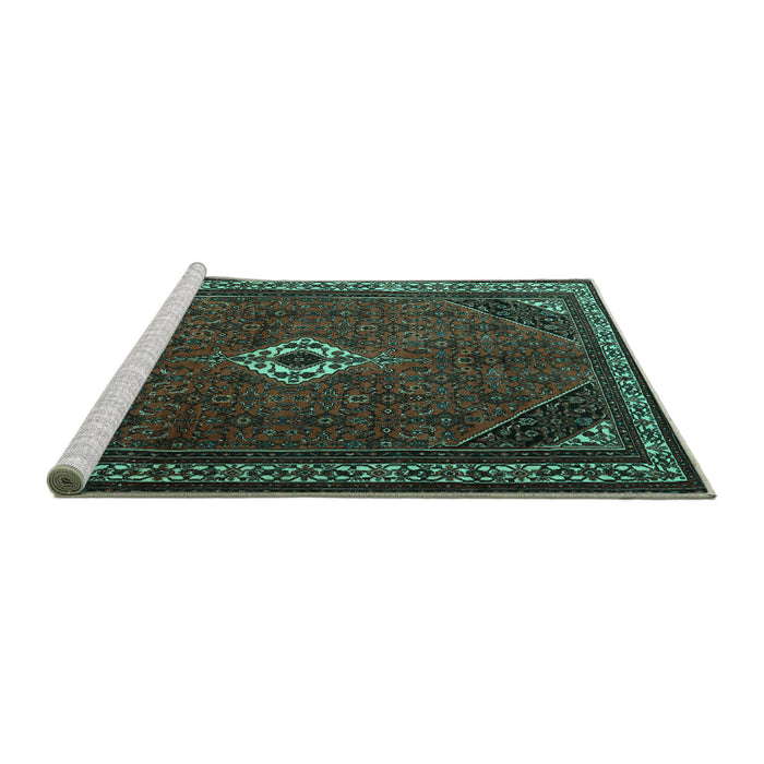 Sideview of Machine Washable Persian Turquoise Traditional Area Rugs, wshtr1780turq