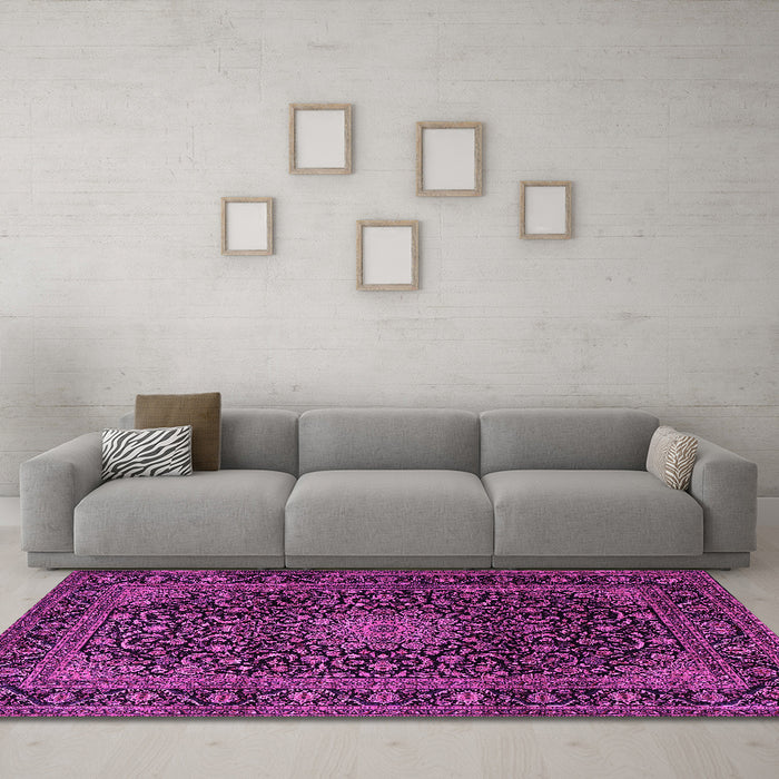 Machine Washable Medallion Pink Traditional Rug in a Living Room, wshtr1781pnk