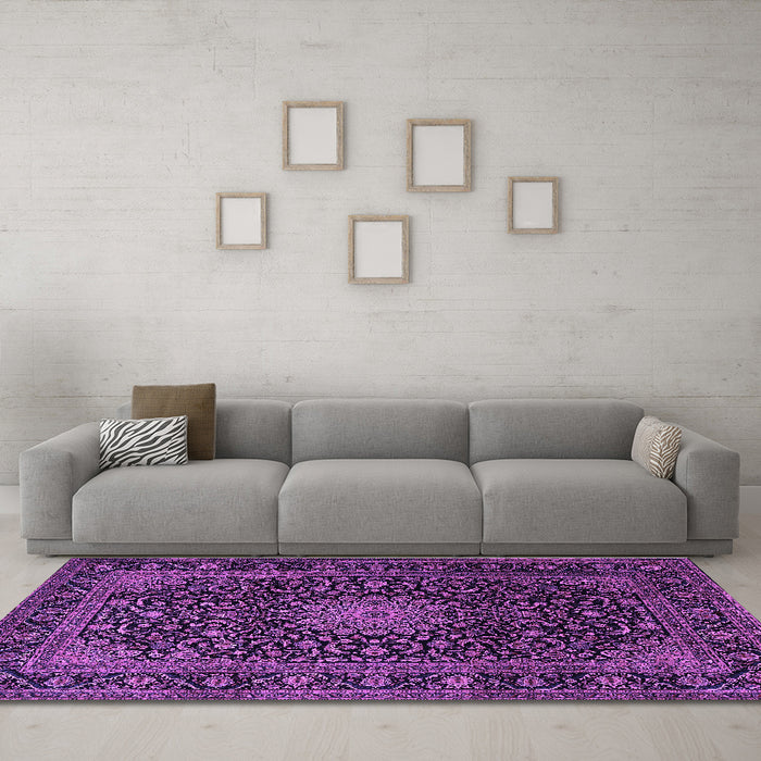 Machine Washable Medallion Purple Traditional Area Rugs in a Living Room, wshtr1781pur