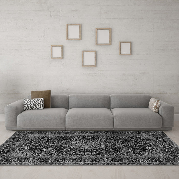 Machine Washable Medallion Gray Traditional Rug in a Living Room,, wshtr1781gry