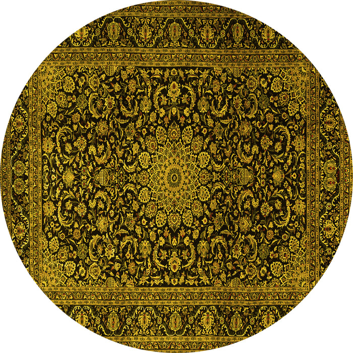 Round Machine Washable Medallion Yellow Traditional Rug, wshtr1781yw