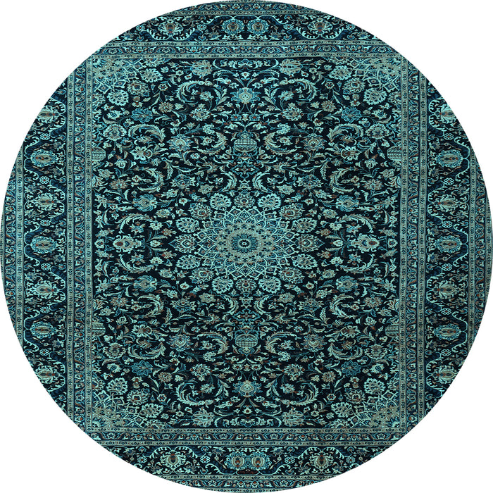 Round Machine Washable Medallion Light Blue Traditional Rug, wshtr1781lblu