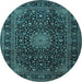 Round Machine Washable Medallion Light Blue Traditional Rug, wshtr1781lblu