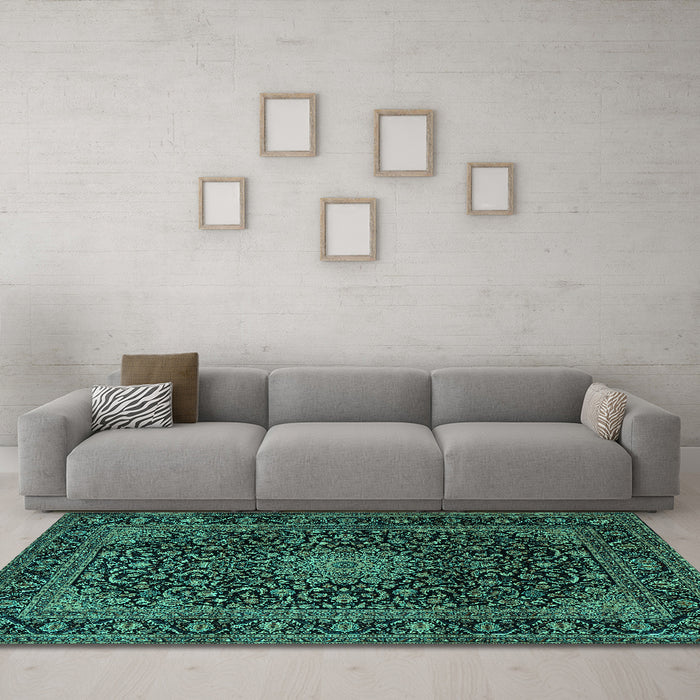 Machine Washable Medallion Turquoise Traditional Area Rugs in a Living Room,, wshtr1781turq