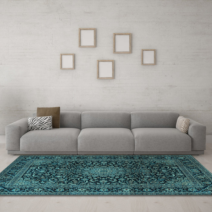 Machine Washable Medallion Light Blue Traditional Rug in a Living Room, wshtr1781lblu