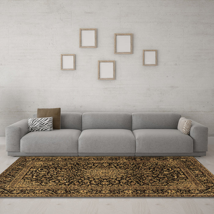 Machine Washable Medallion Brown Traditional Rug in a Living Room,, wshtr1781brn