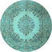 Round Machine Washable Medallion Light Blue Traditional Rug, wshtr1782lblu