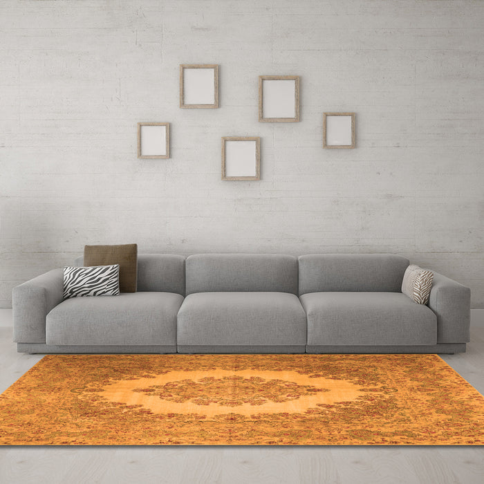 Machine Washable Medallion Orange Traditional Area Rugs in a Living Room, wshtr1782org