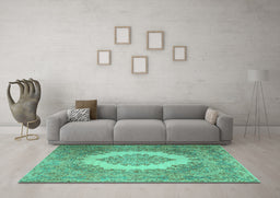 Machine Washable Medallion Turquoise Traditional Area Rugs in a Living Room,, wshtr1782turq