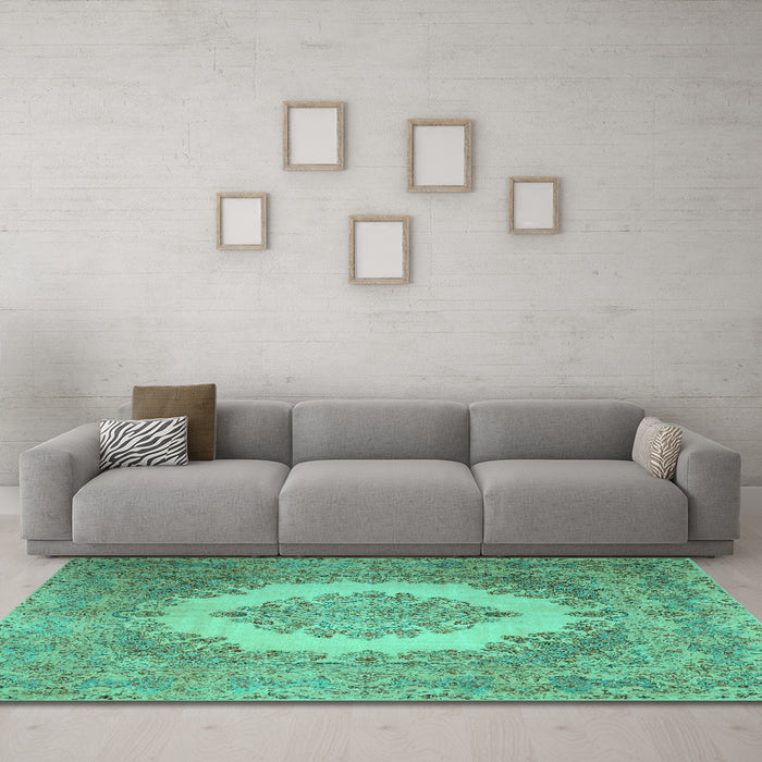 Machine Washable Medallion Turquoise Traditional Area Rugs in a Living Room,, wshtr1782turq