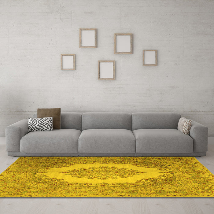 Machine Washable Medallion Yellow Traditional Rug in a Living Room, wshtr1782yw