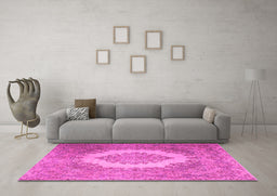 Machine Washable Medallion Pink Traditional Rug in a Living Room, wshtr1782pnk