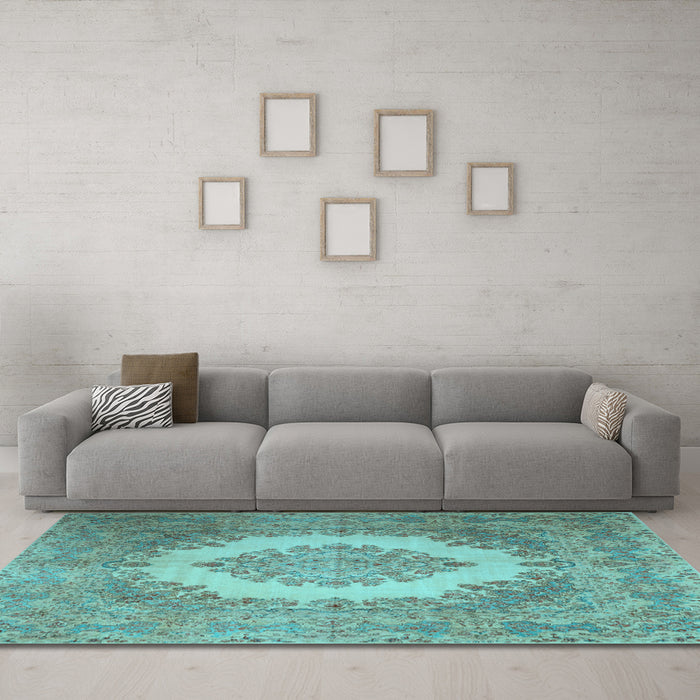 Machine Washable Medallion Light Blue Traditional Rug in a Living Room, wshtr1782lblu