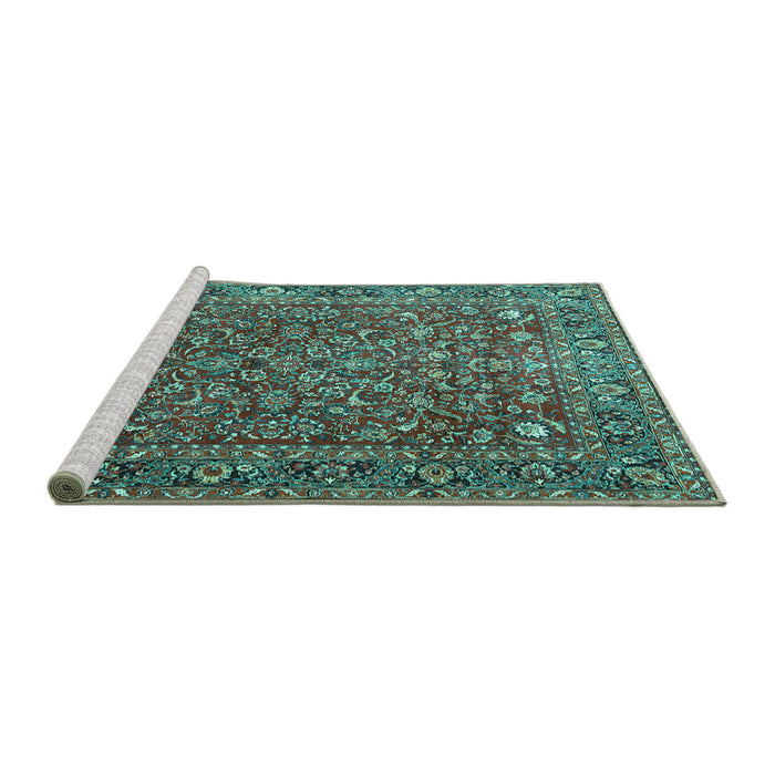 Sideview of Machine Washable Persian Turquoise Traditional Area Rugs, wshtr1783turq
