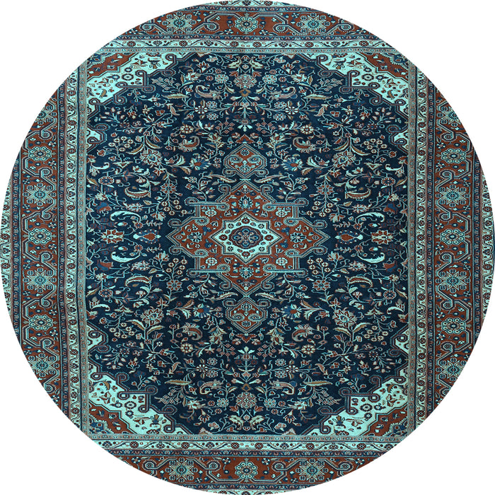 Round Machine Washable Medallion Light Blue Traditional Rug, wshtr1784lblu
