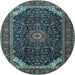 Round Machine Washable Medallion Light Blue Traditional Rug, wshtr1784lblu