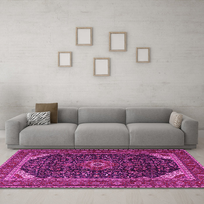 Machine Washable Medallion Pink Traditional Rug in a Living Room, wshtr1784pnk