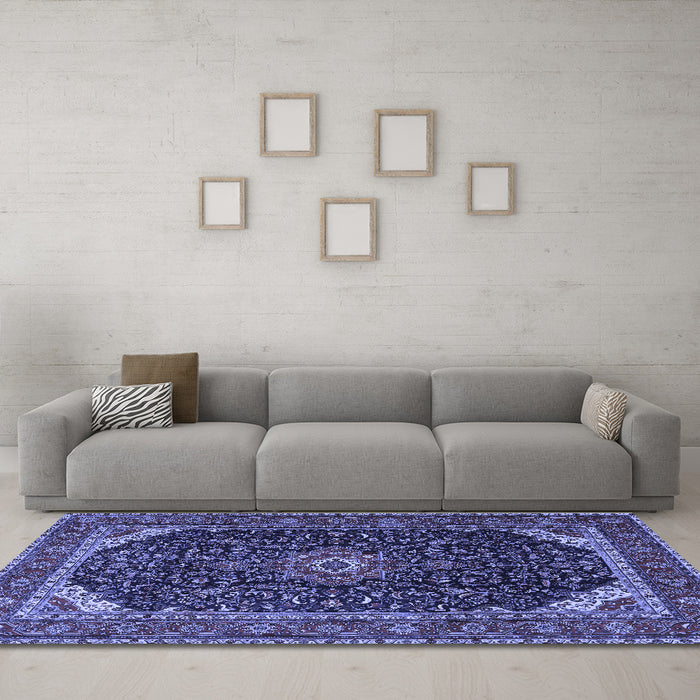 Machine Washable Medallion Blue Traditional Rug in a Living Room, wshtr1784blu
