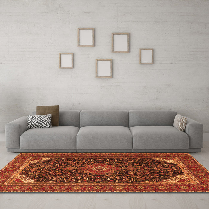 Machine Washable Medallion Orange Traditional Area Rugs in a Living Room, wshtr1784org