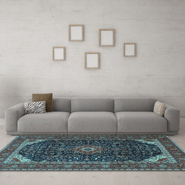 Machine Washable Medallion Light Blue Traditional Rug in a Living Room, wshtr1784lblu
