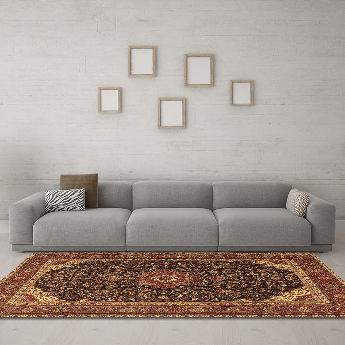 Machine Washable Medallion Brown Traditional Rug in a Living Room,, wshtr1784brn