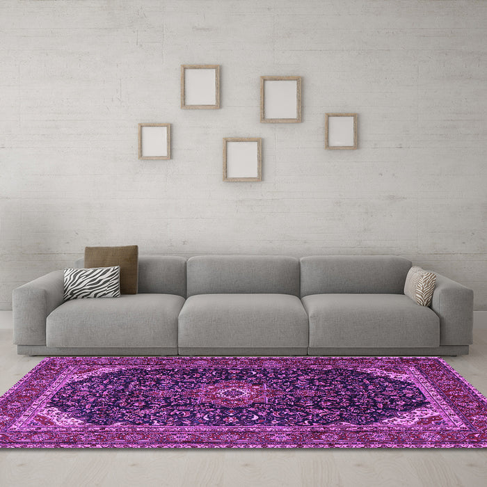 Machine Washable Medallion Purple Traditional Area Rugs in a Living Room, wshtr1784pur