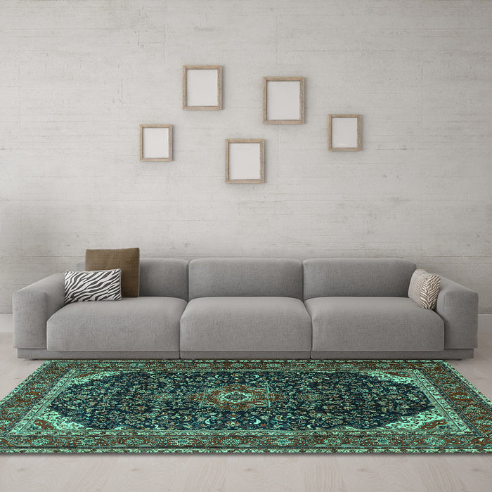 Machine Washable Medallion Turquoise Traditional Area Rugs in a Living Room,, wshtr1784turq