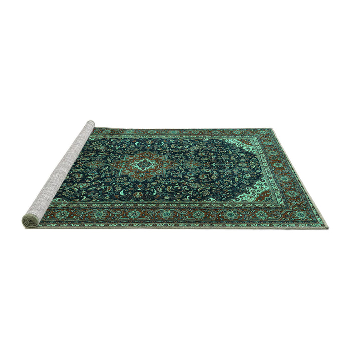 Sideview of Machine Washable Medallion Turquoise Traditional Area Rugs, wshtr1784turq