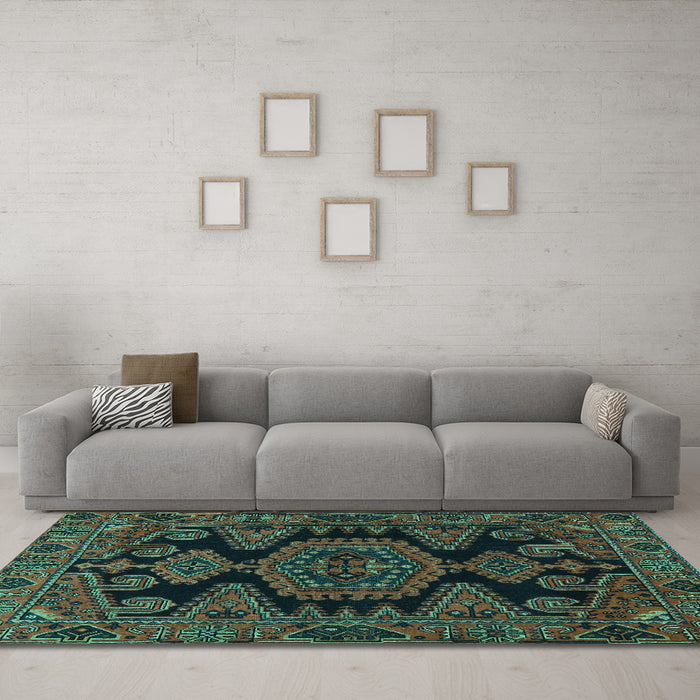 Machine Washable Persian Turquoise Traditional Area Rugs in a Living Room,, wshtr1785turq