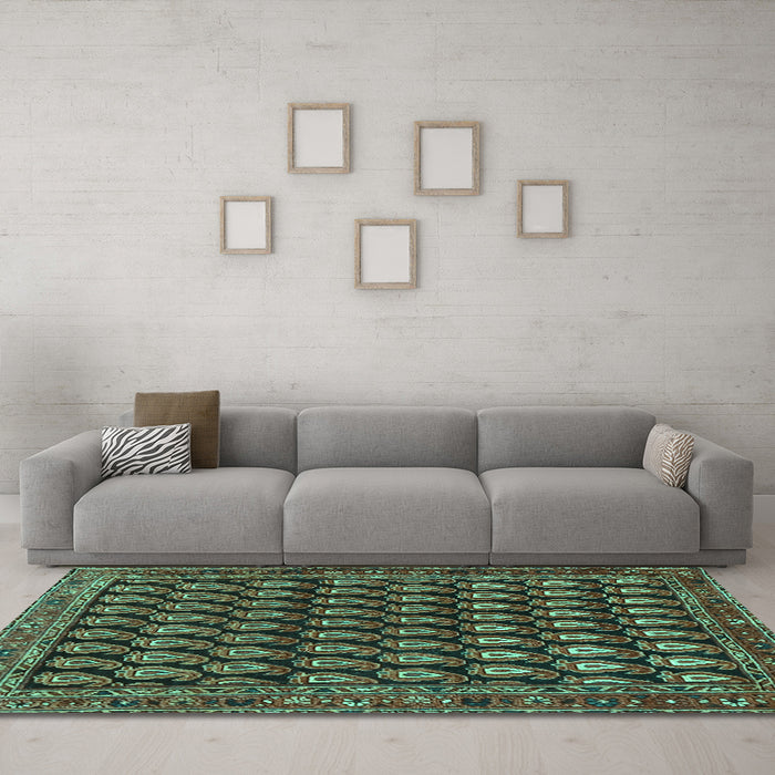 Machine Washable Persian Turquoise Traditional Area Rugs in a Living Room,, wshtr1786turq